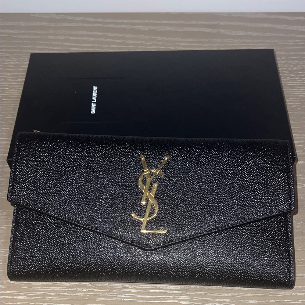 Saint Laurent Black Textured Clutch with Gold Emblem
